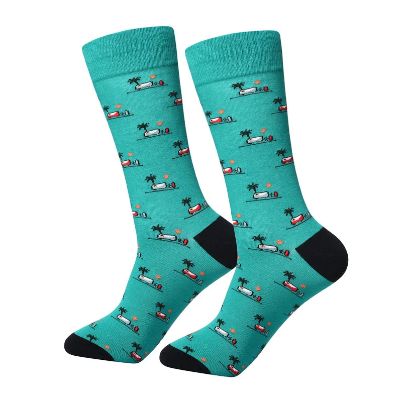 Men’s Street Art Illustration Long Socks – Retro Cotton-Blend Crew Socks