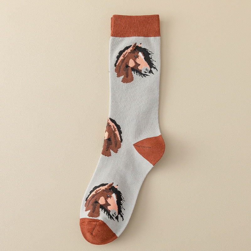 Women’s Colorblock Galloping Horse Crew Socks – Retro Breathable Fall Winter Socks