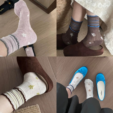 100% Cotton Floral Crew Socks for Women - Lightweight Breathable Ruffle Trim Socks