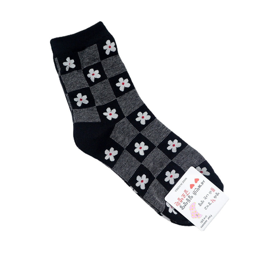 Women’s Colorblock Check Floral Animal Crew Socks – British-Inspired Cotton Socks