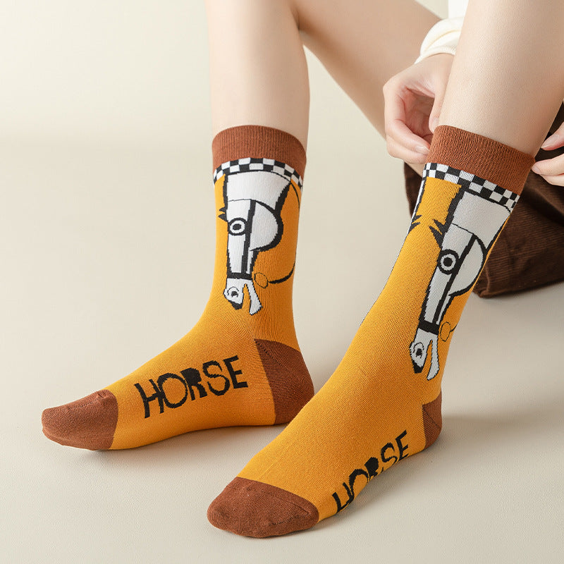 Women’s Colorblock Galloping Horse Crew Socks – Retro Breathable Fall Winter Socks