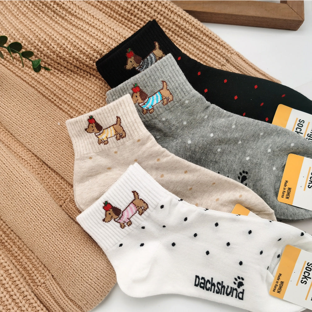 Women’s Dachshund Ankle Socks – Korean-Inspired Breathable Cotton Socks for Spring Summer