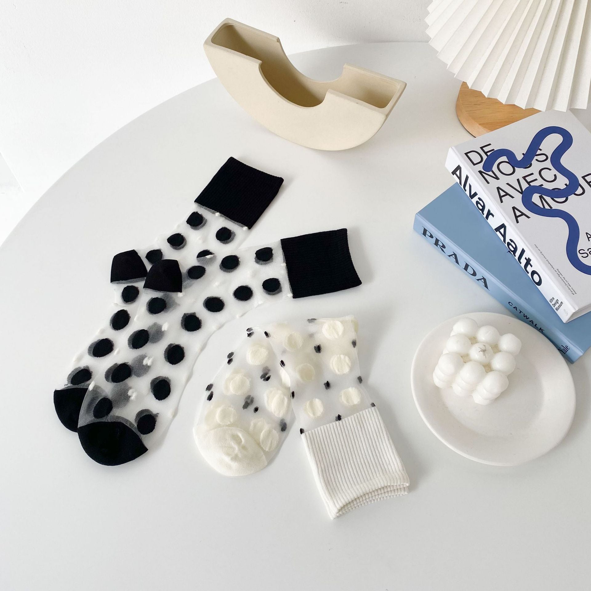 Mono Muse Sheer Stripe & Dot Crew Socks - White Polka Dots