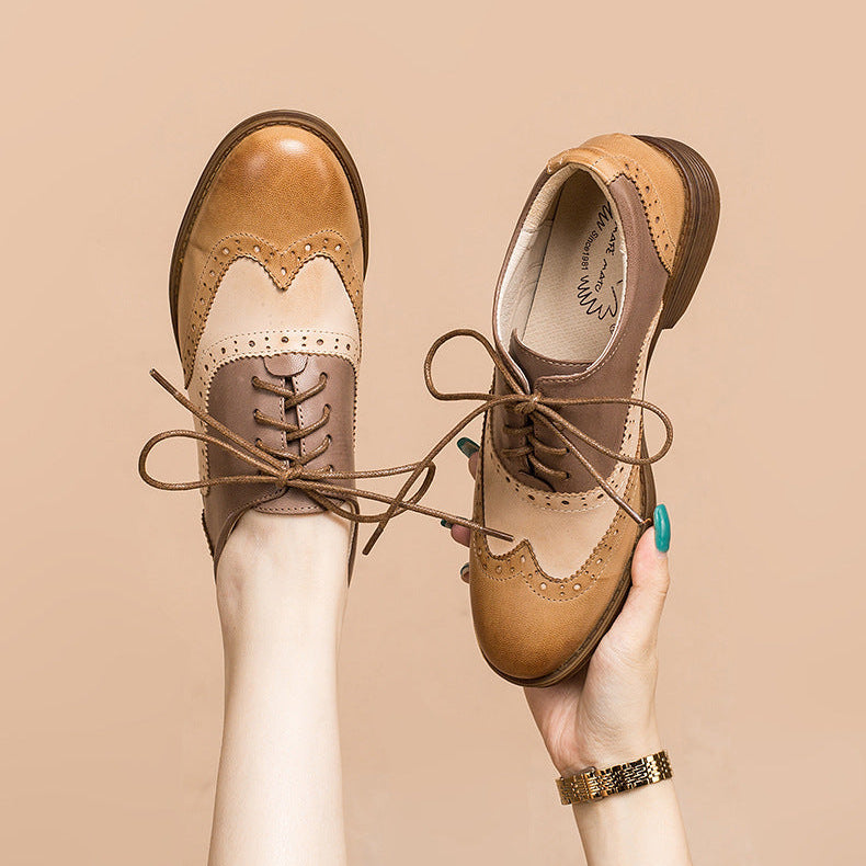 Women’s British-Inspired Lace-Up Brogue Shoes – Brown and apricot