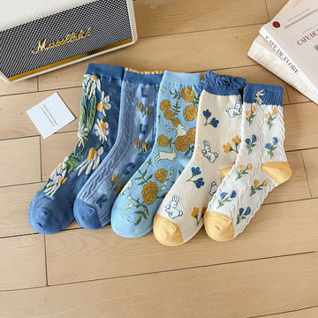 Women’s 3D Blossom Crew Socks – Japanese Preppy Cotton Socks for Spring Summer