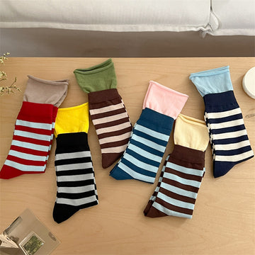 Dopamine Striped Crew Socks with Layered Colorblock Cuffs