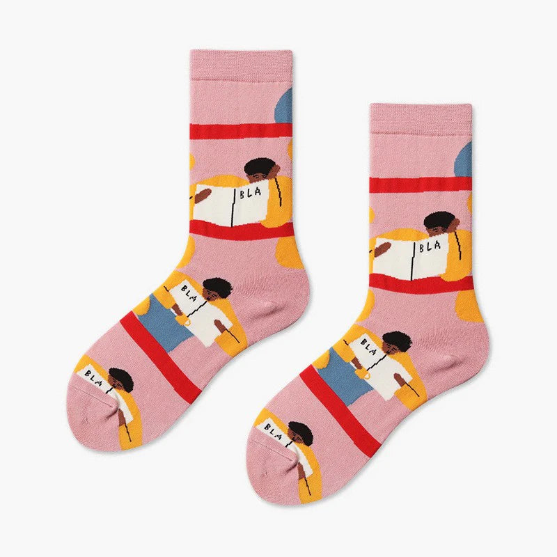 Women’s Nordic Animal Geometry Crew Socks – Colorful Illustrated Casual Socks