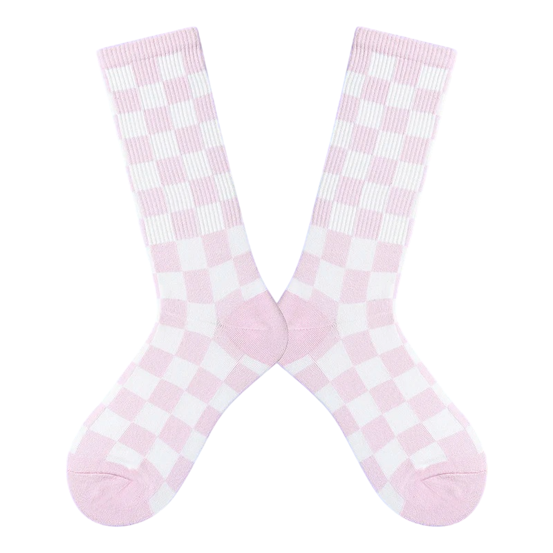 Women’s Monochrome Square Check Long Socks – Korean-Style Everyday Crew Socks
