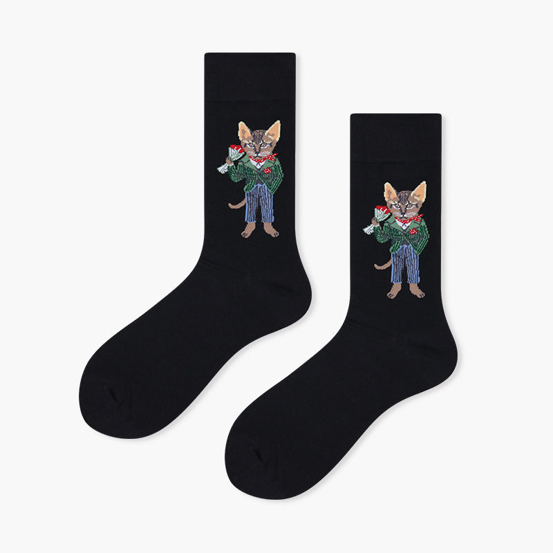 Unisex Character Motif Mid-Calf Socks – Moisture-Absorbing Smooth-Toe Couple Socks