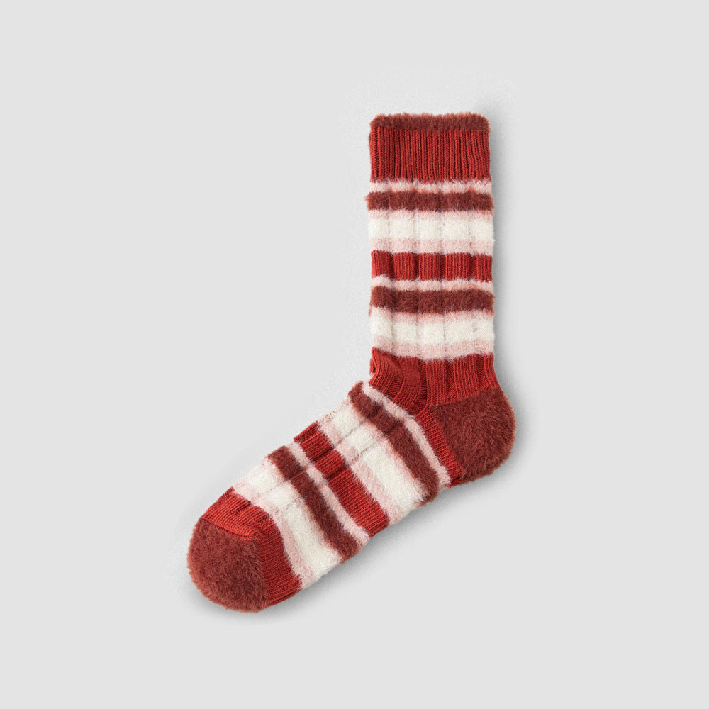 Women’s Striped Fleece-Lined Crew Socks – Thick Warm Winter Cotton Socks