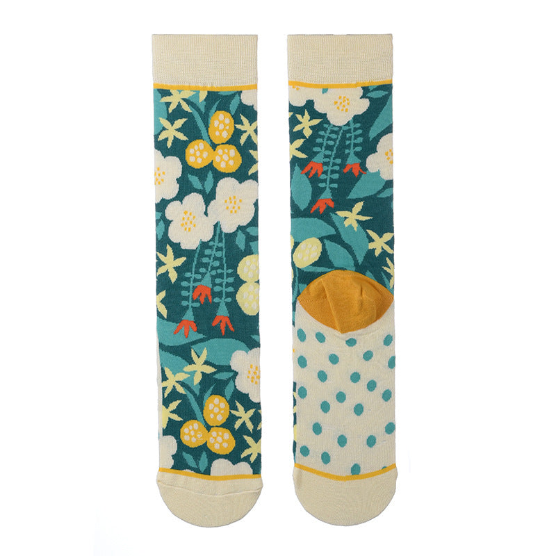 Women’s Botanical Sketch Mid-Calf Socks – Straight-Cuff Cotton-Blend Socks
