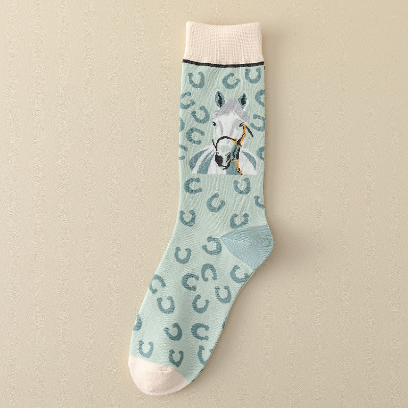 Women’s Colorblock Galloping Horse Crew Socks – Retro Breathable Fall Winter Socks