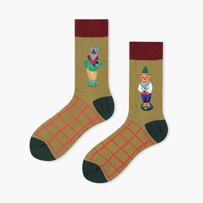 Unisex Character Motif Mid-Calf Socks – Moisture-Absorbing Smooth-Toe Couple Socks