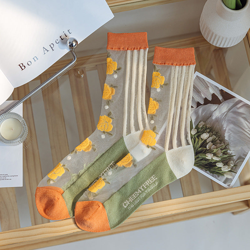 Orange Mood Sheer Art Crew Socks