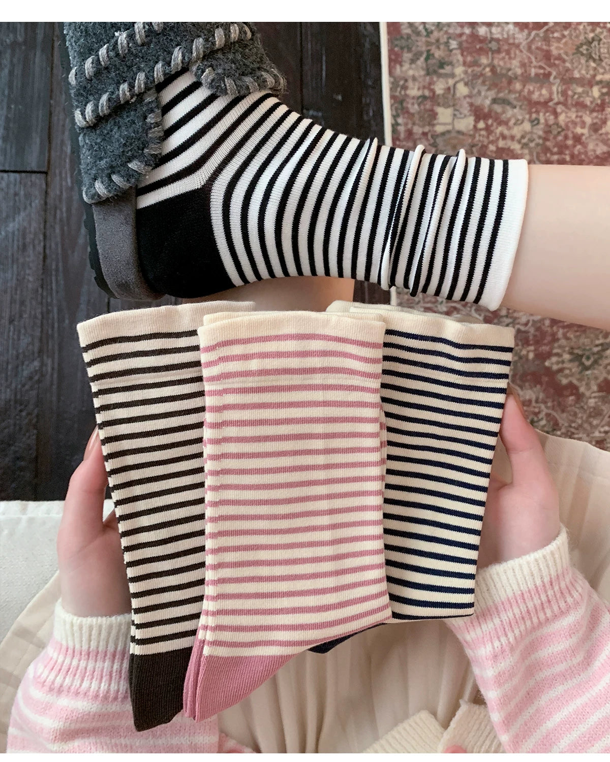 Soft Pure Cotton Striped Crew Socks