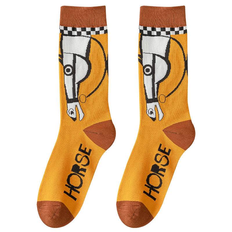 Women’s Colorblock Galloping Horse Crew Socks – Retro Breathable Fall Winter Socks