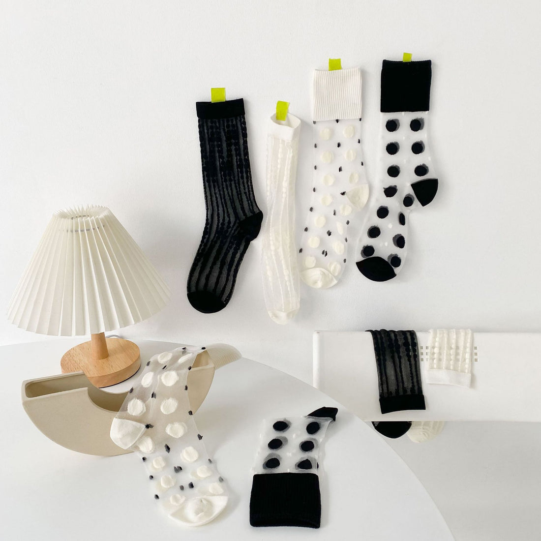 Mono Muse Sheer Stripe & Dot Crew Socks - Black Vertical Stripes