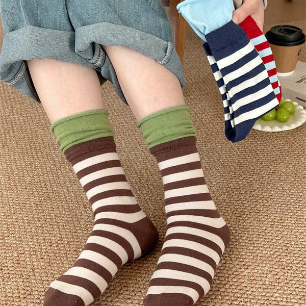 Dopamine Striped Crew Socks with Layered Colorblock Cuffs
