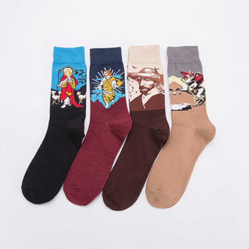 Painted Figure Crew Socks - Coffee Straw Hat Man