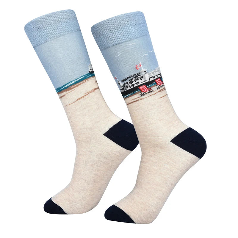 Men’s Creative Linework Crew Socks – Relaxed Cool-Season Fashion Socks