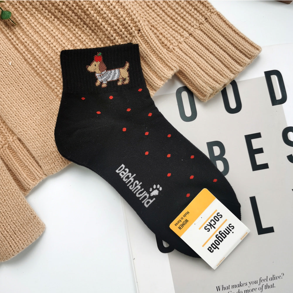 Women’s Dachshund Ankle Socks – Korean-Inspired Breathable Cotton Socks for Spring Summer