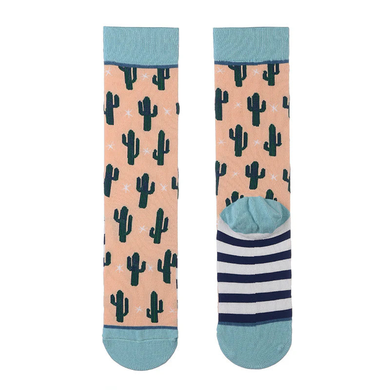 Women’s Cactus Graffiti Long Crew Socks – Botanical Cotton-Blend Fall Winter Socks