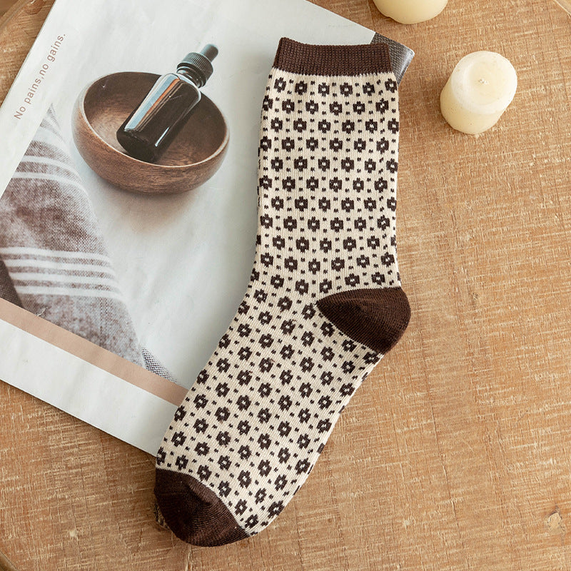 Women’s Mocha Argyle Crew Socks – Thick British-Inspired Cotton Socks for Fall Winter
