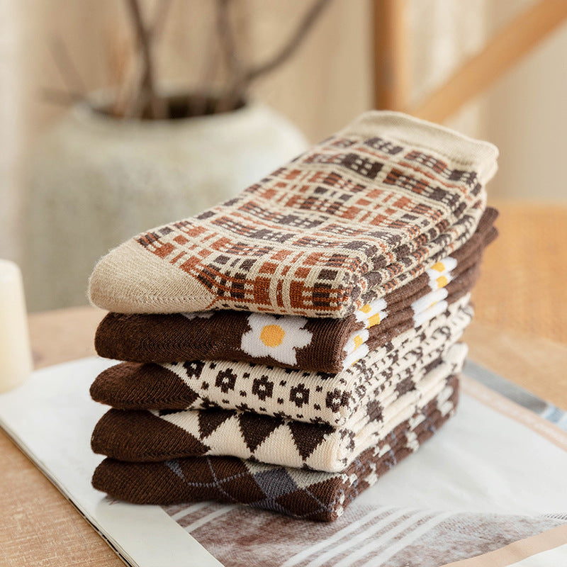 Women’s Mocha Argyle Crew Socks – Thick British-Inspired Cotton Socks for Fall Winter