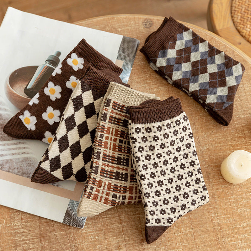 Women’s Mocha Argyle Crew Socks – Thick British-Inspired Cotton Socks for Fall Winter