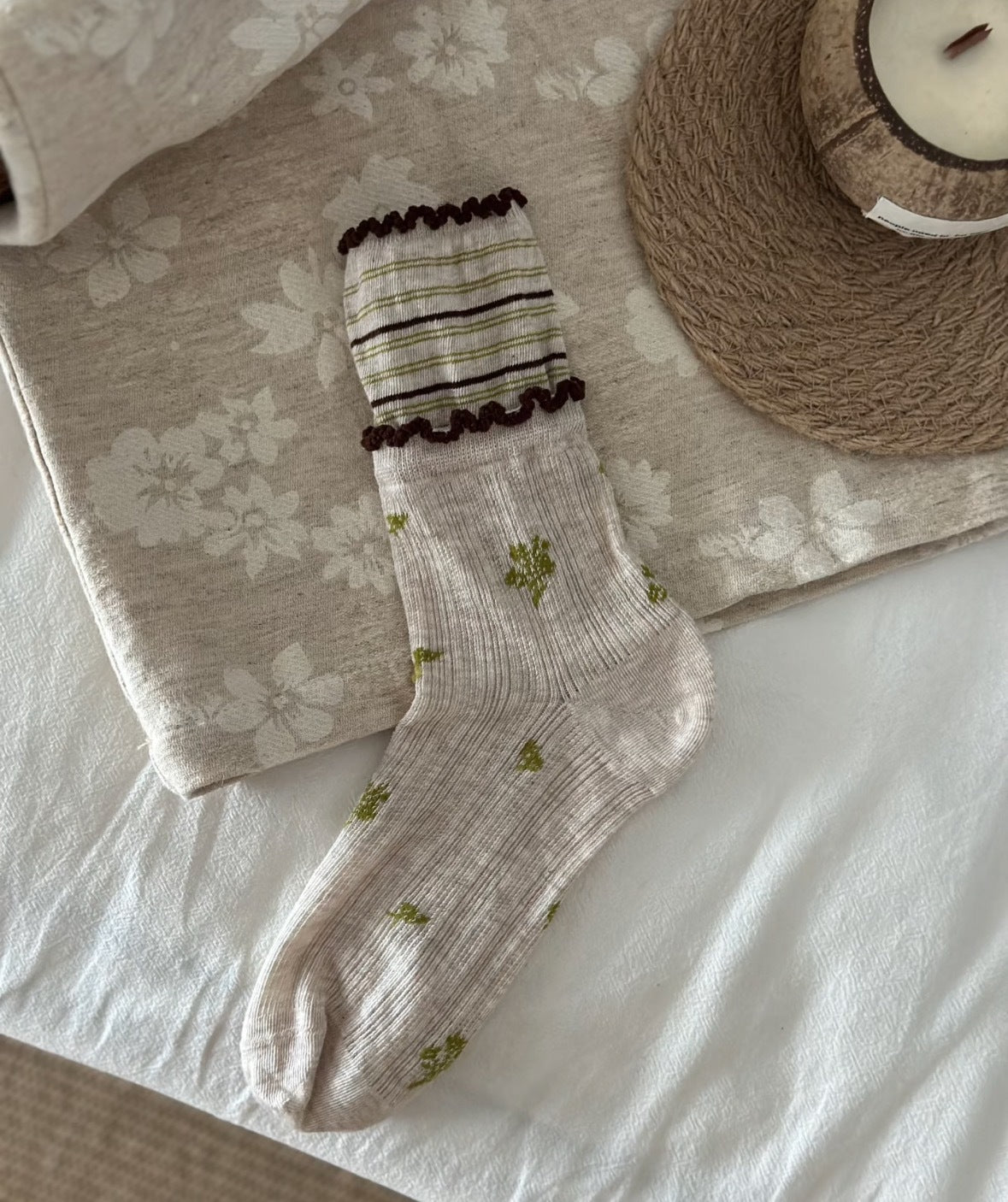 100% Cotton Floral Crew Socks for Women - Lightweight Breathable Ruffle Trim Socks