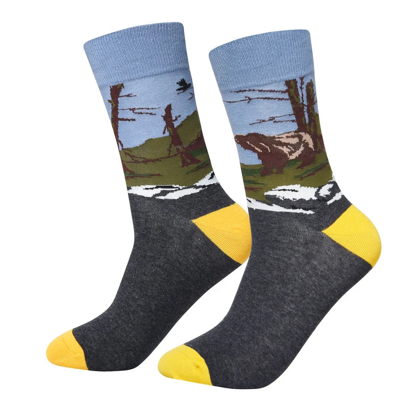 Men’s Street Art Illustration Long Socks – Retro Cotton-Blend Crew Socks