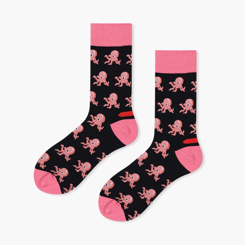 Unisex Character Motif Mid-Calf Socks – Moisture-Absorbing Smooth-Toe Couple Socks