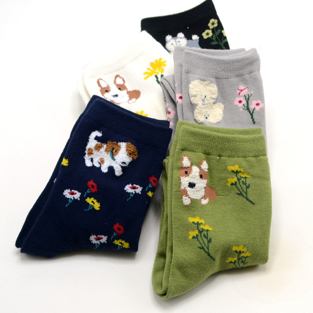 Women’s Puppy & Blossom Crew Socks – Korean Preppy Cotton Socks for Fall Winter