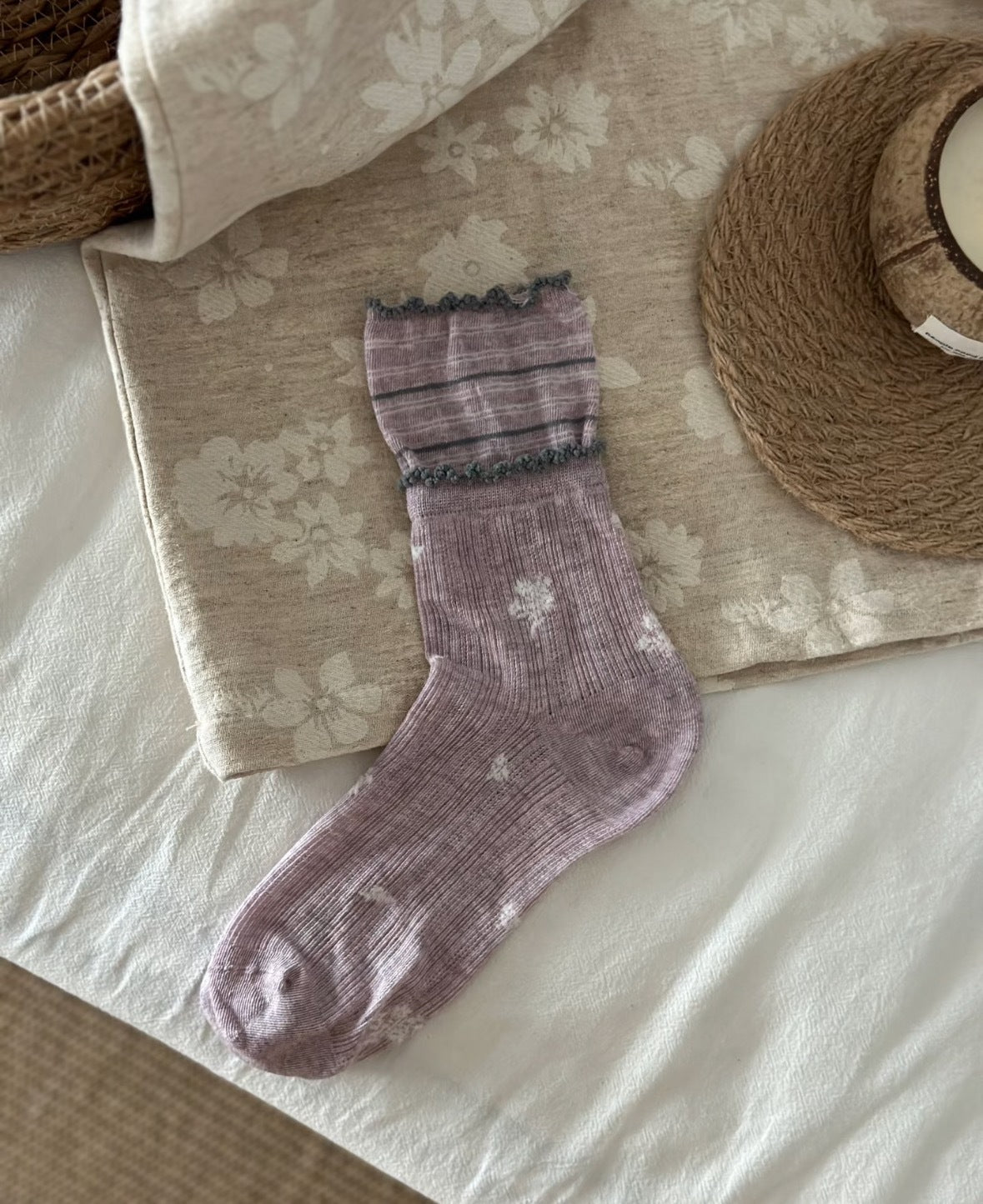 100% Cotton Floral Crew Socks for Women - Lightweight Breathable Ruffle Trim Socks