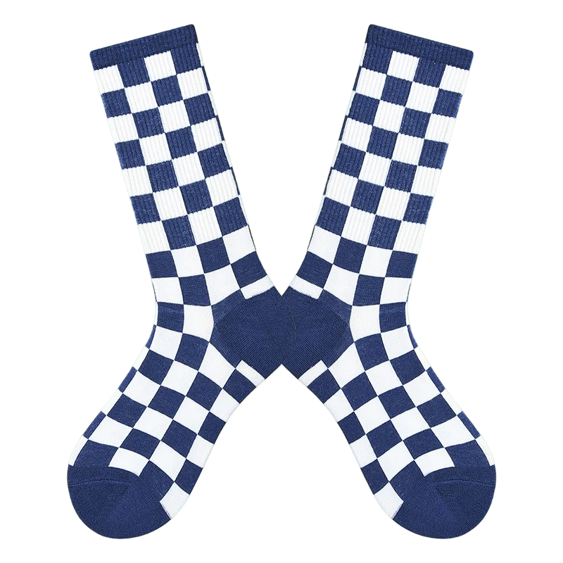 Women’s Monochrome Square Check Long Socks – Korean-Style Everyday Crew Socks