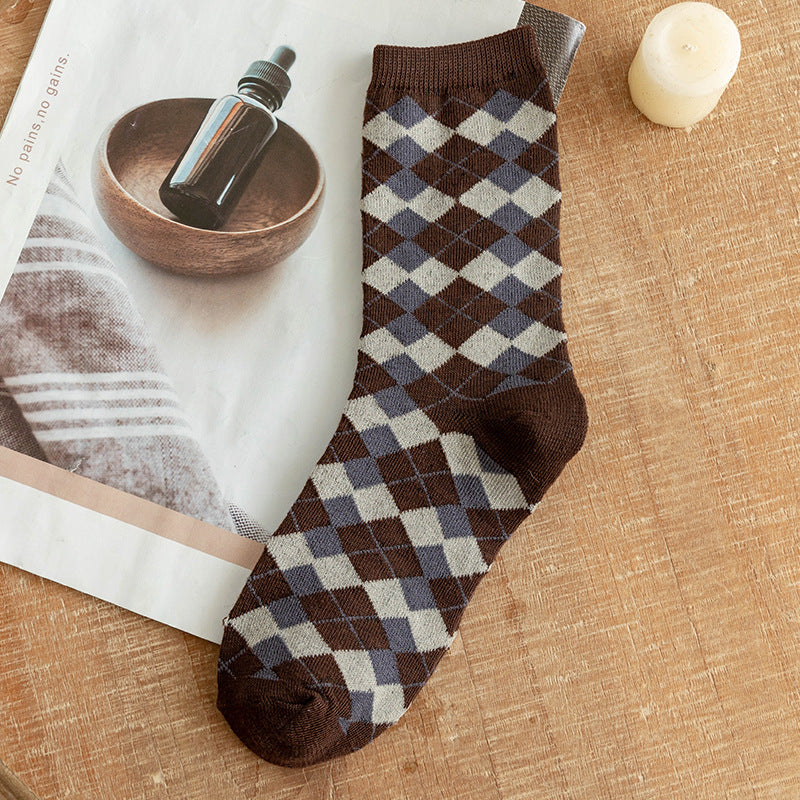 Women’s Mocha Argyle Crew Socks – Thick British-Inspired Cotton Socks for Fall Winter