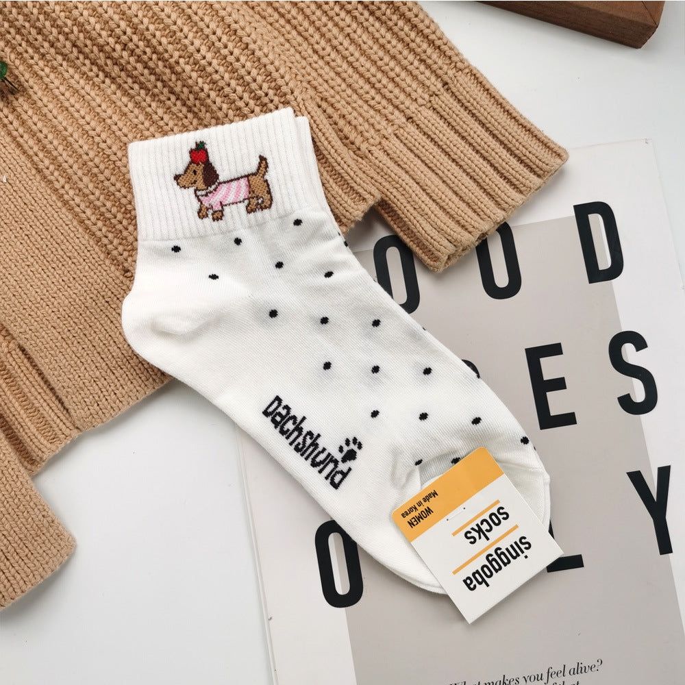Women’s Dachshund Ankle Socks – Korean-Inspired Breathable Cotton Socks for Spring Summer