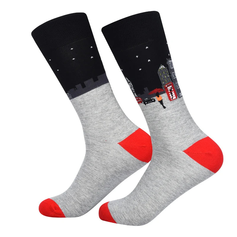 Men’s Artbook Doodle Long Crew Socks – Vintage Urban Cotton-Blend Socks