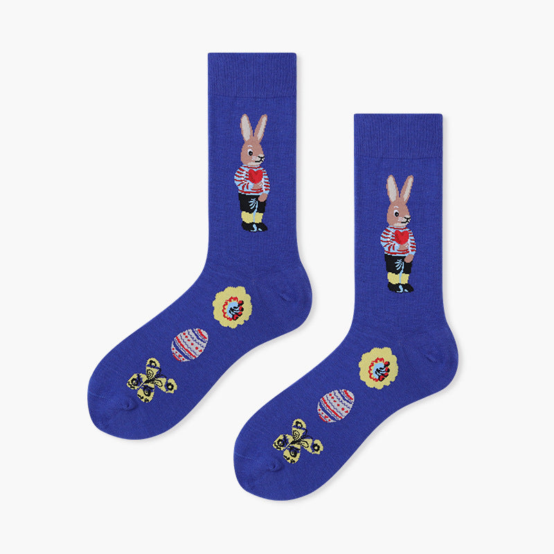 Unisex Character Motif Mid-Calf Socks – Moisture-Absorbing Smooth-Toe Couple Socks