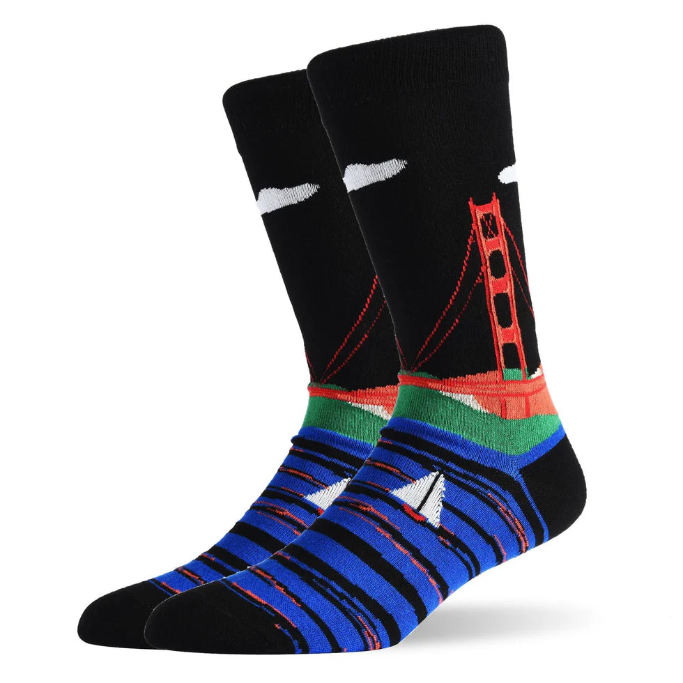 Men’s Shark & Mustache Crew Socks – Quirky Fall Winter Casual Socks