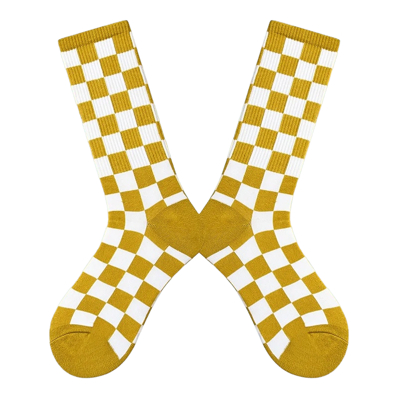 Women’s Monochrome Square Check Long Socks – Korean-Style Everyday Crew Socks