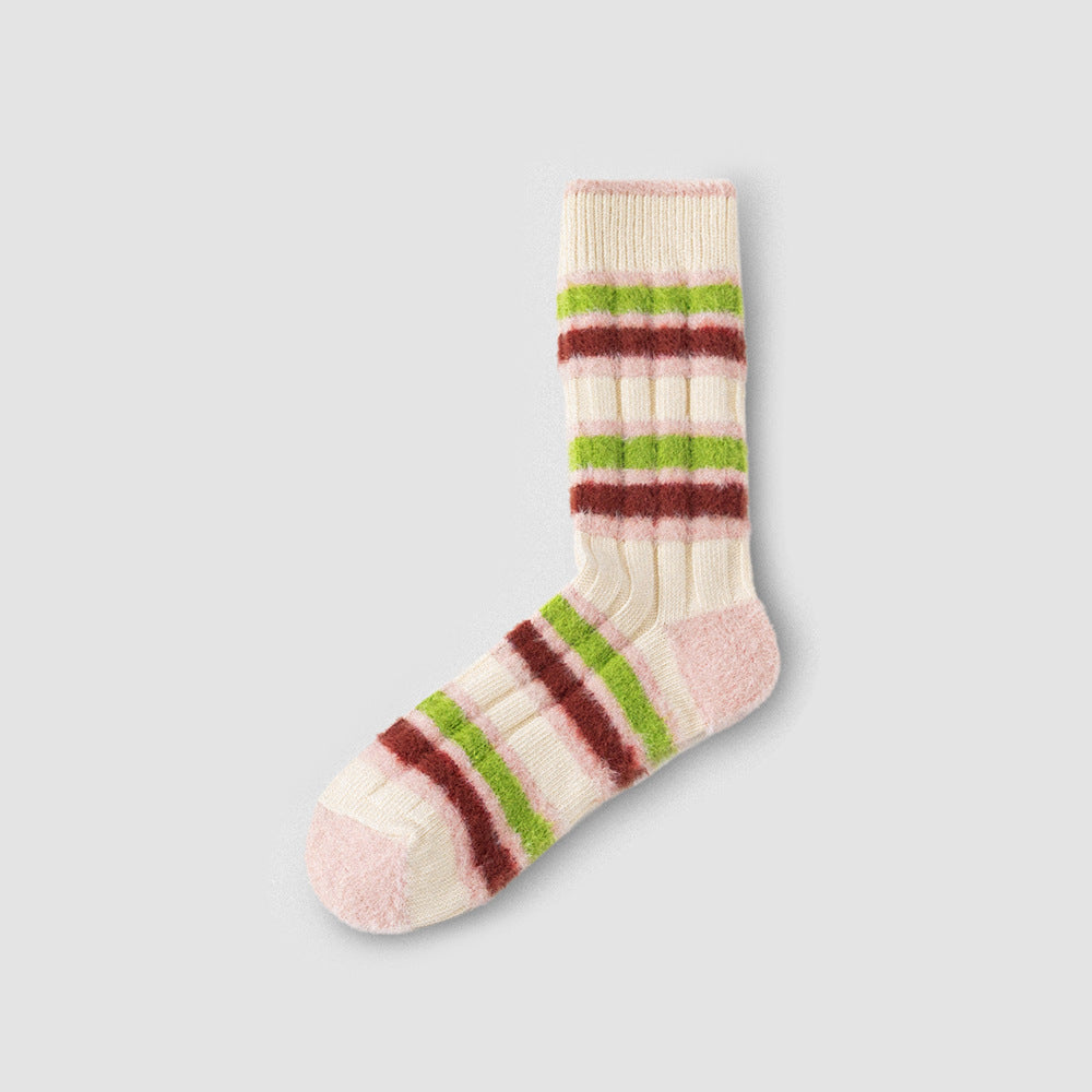 Women’s Striped Fleece-Lined Crew Socks – Thick Warm Winter Cotton Socks
