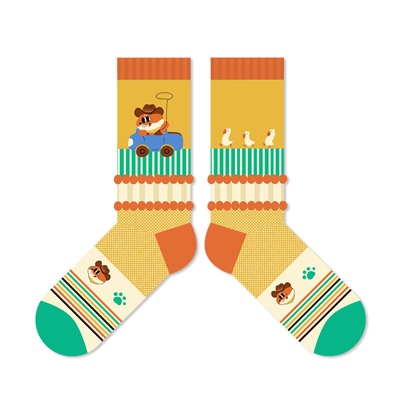 Unisex Illustrated Fox Bubble-Cuff Crew Socks – Cute Spring Summer Fashion Socks