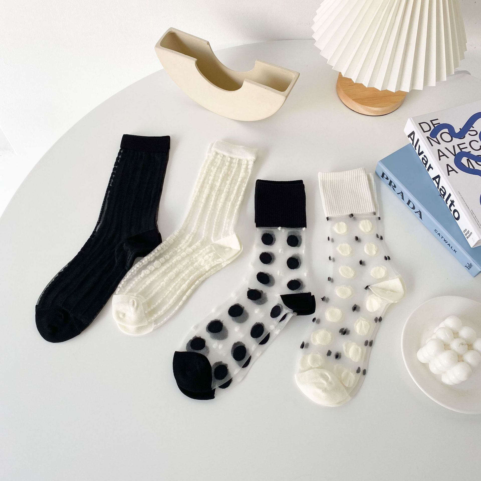 Mono Muse Sheer Stripe & Dot Crew Socks - Black Vertical Stripes