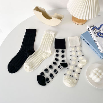 Mono Muse Sheer Stripe & Dot Crew Socks - Black Vertical Stripes