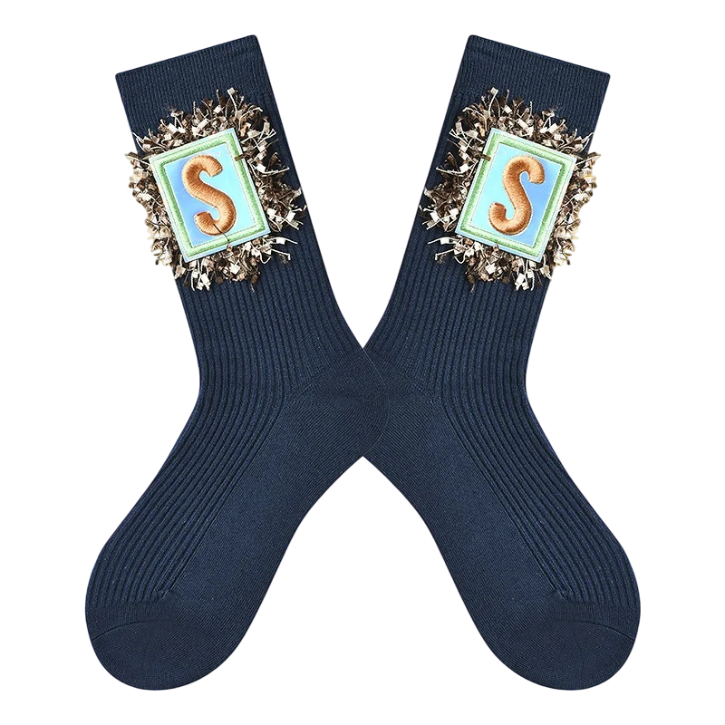 Women’s Decorative Chain High-Crew Socks – Bold Cotton-Blend Cool-Season Socks