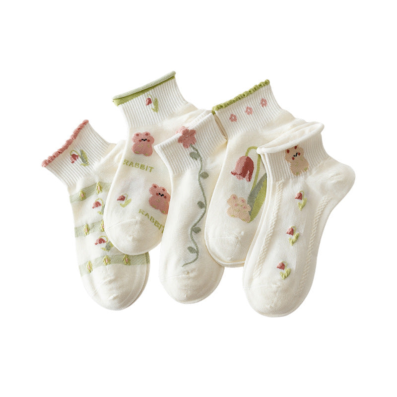 Women’s Floral Ruffle No-Show Socks – Preppy Lightweight Spring Summer Boat Socks