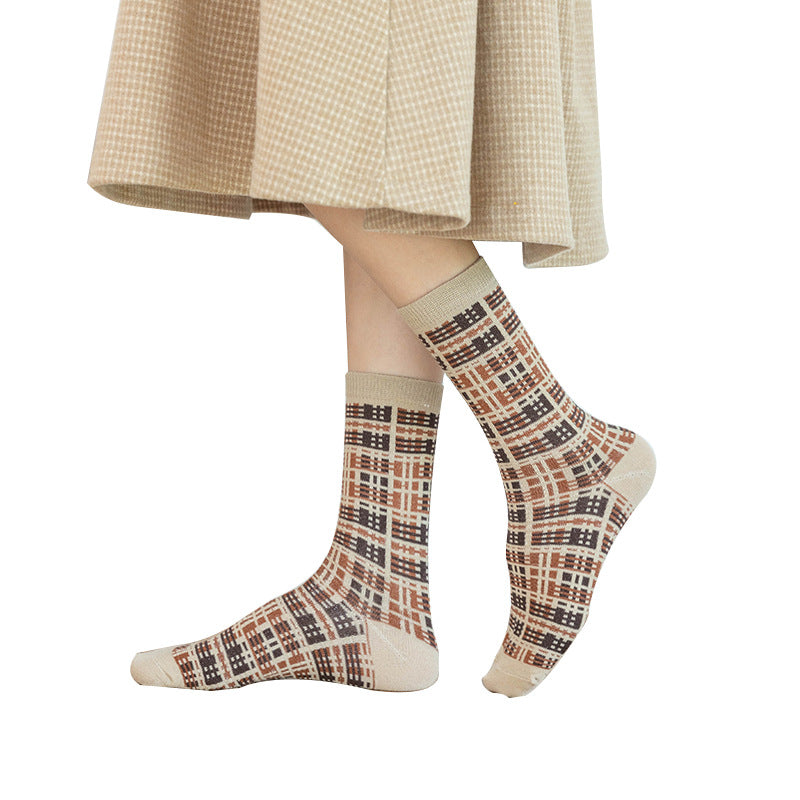 Women’s Mocha Argyle Crew Socks – Thick British-Inspired Cotton Socks for Fall Winter