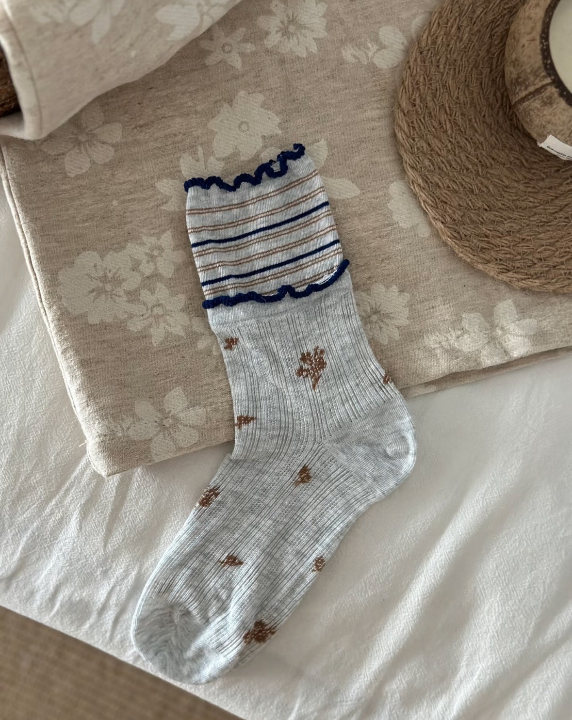 100% Cotton Floral Crew Socks for Women - Lightweight Breathable Ruffle Trim Socks