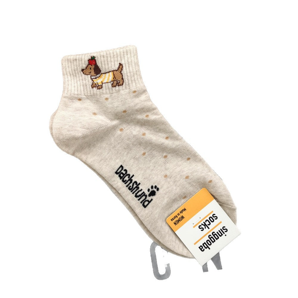 Women’s Dachshund Ankle Socks – Korean-Inspired Breathable Cotton Socks for Spring Summer